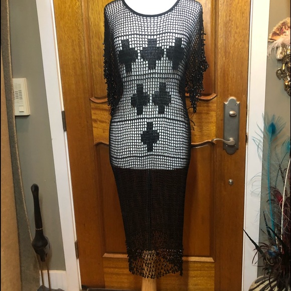 Sharmark of Las Vegas Dresses & Skirts - Crocheted Fishnet & Beaded Black Sweater Dress